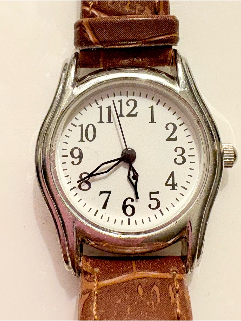 Men's Silver Case Watch with White Dial and Brown Leather Strap